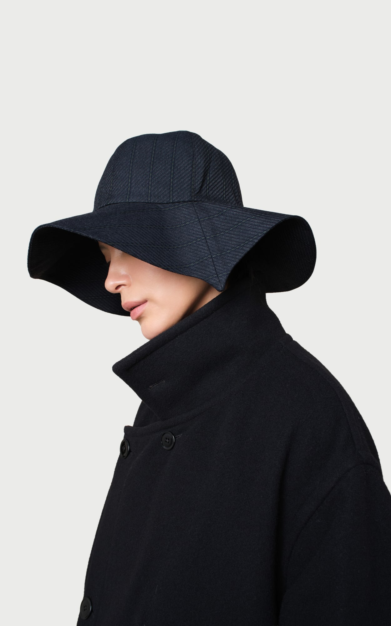 Ink Wash Blue Wide-brim Leaf Hat worn by a model